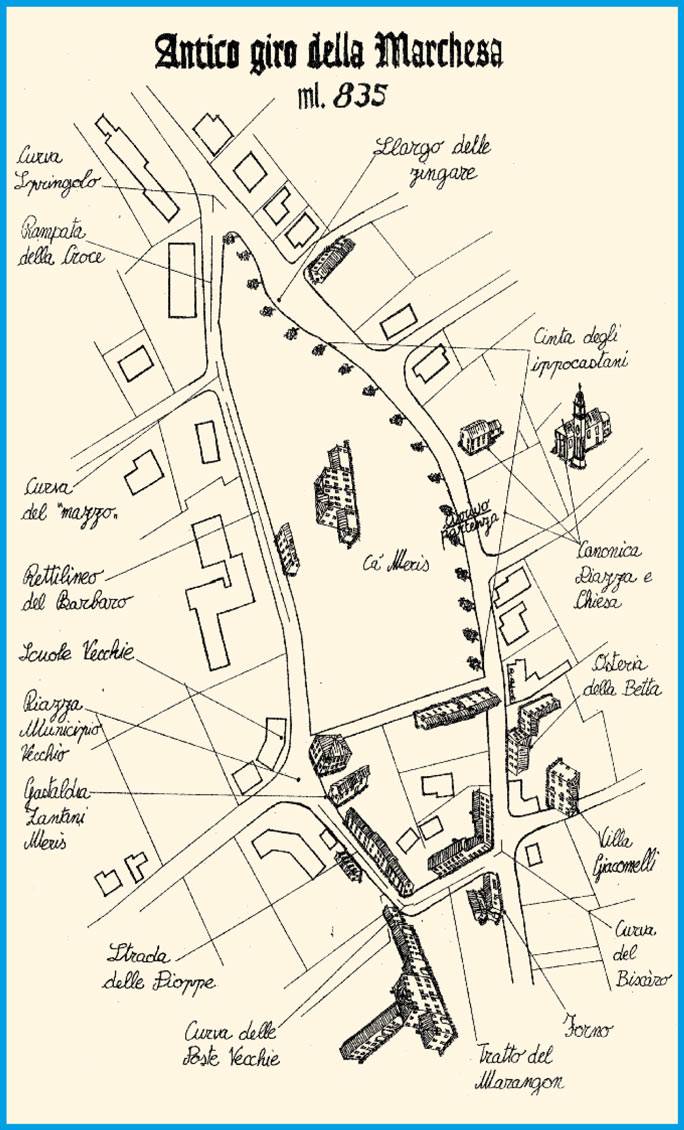 Disegno storico dell’Antico Giro della Marchesa con i nomi delle curve