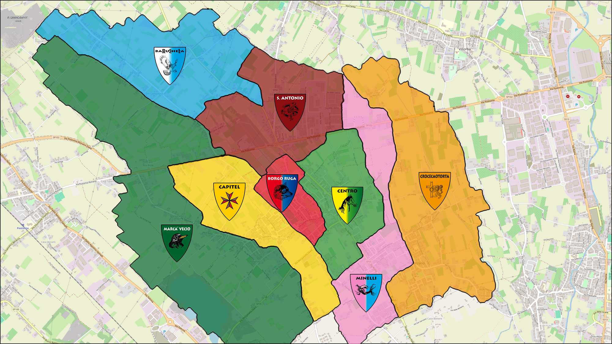 Mappa del comune di Ponzano Veneto con i confini colorati delle otto contrade