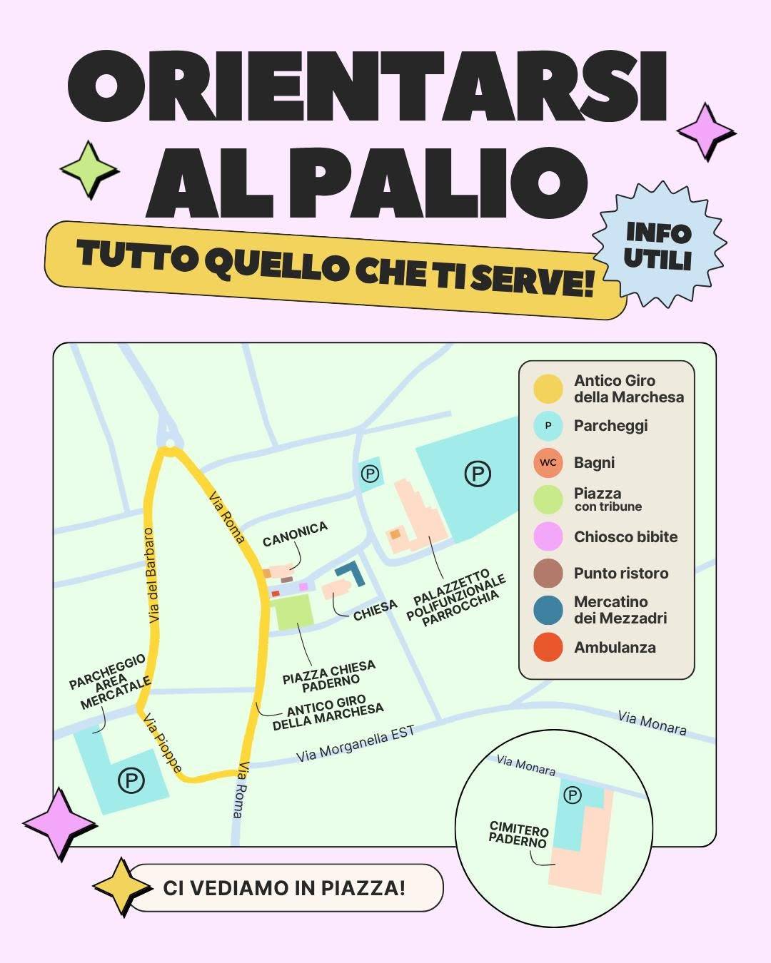 Mappa dell’area del Palio a Paderno con il percorso del Giro della Marchesa, parcheggi e servizi